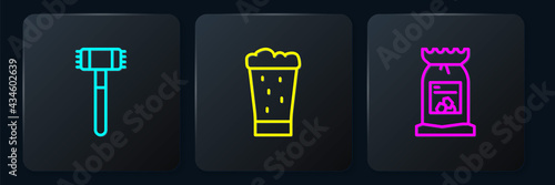 Set line Kitchen hammer, Barbecue coal bag and Glass of beer. Black square button. Vector