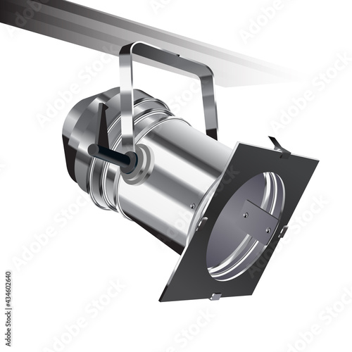 Realistic vector floodlight, soffit, studio light. Professional shooting light, studio projector. Cinema production, photoshooting. Isolated on white background. Photo-realistic vector