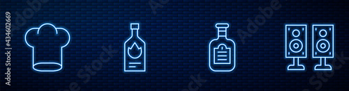 Set line Sauce bottle, Chef hat, Tabasco sauce and Stereo speaker. Glowing neon icon on brick wall. Vector