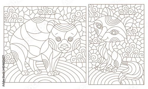 Set of contour illustrations in the style of stained glass with cute cartoon bear and fox, dark outlines on a white background