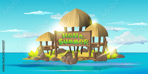 Helli summer card. Small tropical island with simple shacks, wooden houses with thatched roofs. Island with the village of savages and titles hello, summer. Blue sky and ocean surface photo
