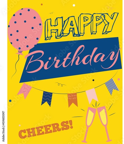Happy Birthday card, poster, banner, celebration, air balloon, party invitation, design template, cheers, champagne