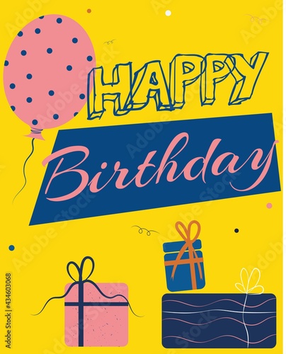Happy Birthday card, poster, banner, celebration, air balloon, party invitation, design template, cheers, champagne, birthday gifts