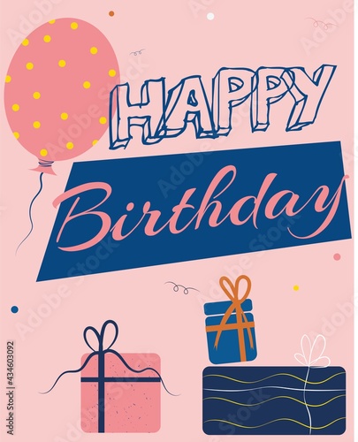Happy Birthday card, poster, banner, celebration, air balloon, party invitation, design template, cheers, champagne, birthday gifts