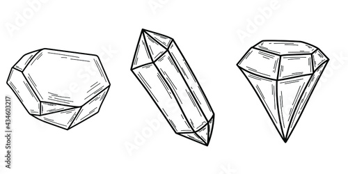 Doodles crystals isolated line collection. Hand drawn vector illustrations coloring. Sketch for a tattoo.