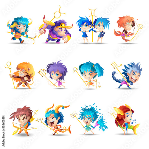 Funny zodiac signs. Set. Colorful vector illustration of all zodiac signs isolated on white background. Zodiacal cute funny cartoon characters. Collection. Print design, prediction, horoscope