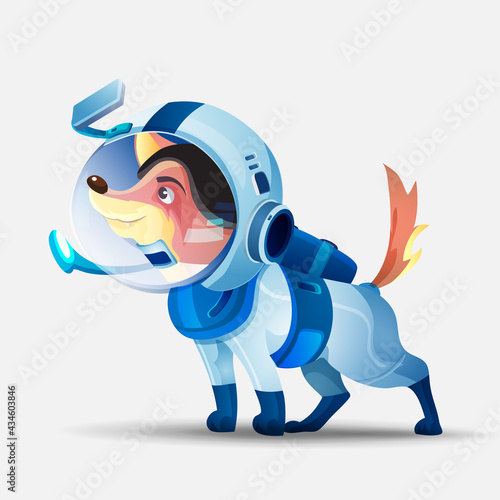 Vector illustration with a dog in a spacesuit. Cosmonaut dog. Cute dog cartoon character in an astronaut costume. Contented dog on a white background