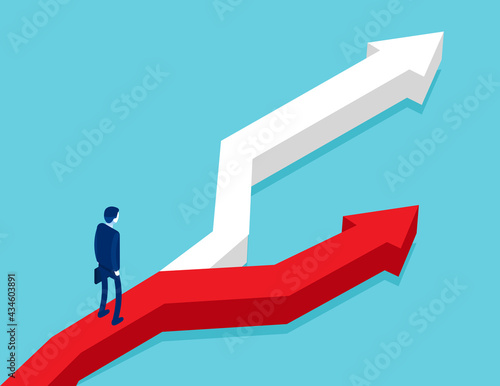 Business person stand on road fork with hard and easy directions. Choice way isometric