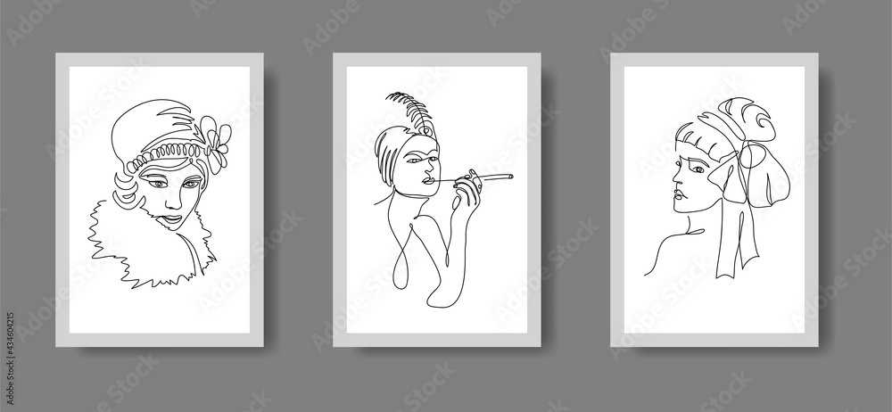 Flapper girls from 20s black and white vector illustration set of wall art posters. One continuous line drawing of flapper girl portrait