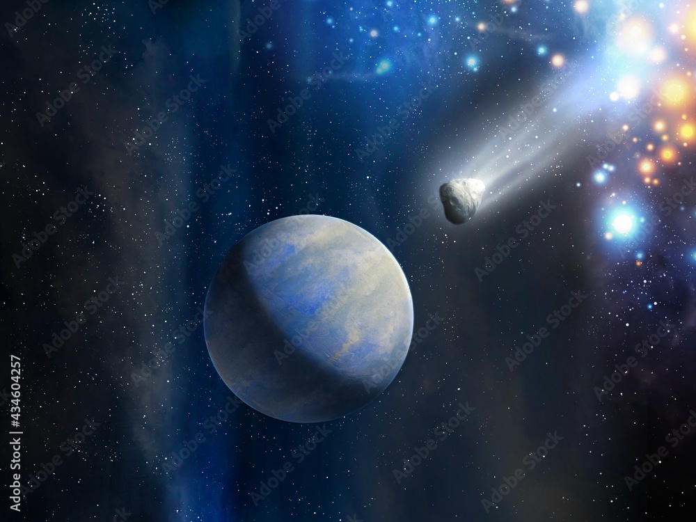 Earth-like exoplanet in deep space. An asteroid is approaching the planet. A beautiful space landscape with an alien planet, an asteroid and constellations 3d illustration. Earth-like exoplanet in deep space. An asteroid is approaching the planet. A beautiful space landscape with an alien planet, an asteroid and constellations 3d illustration.