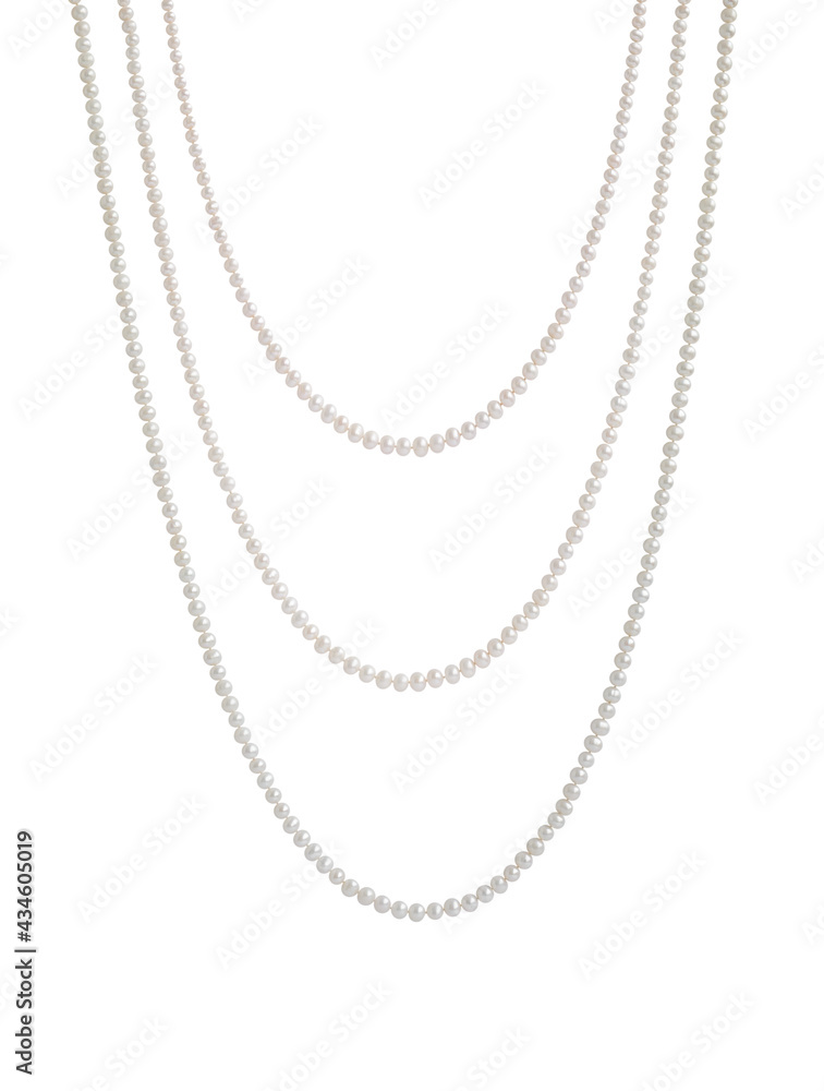 Hanging natural pearl necklace, tree rows, isolated on white Hanging natural pearl necklace, tree rows, isolated on white