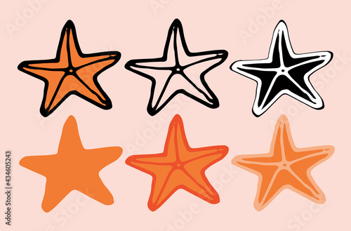 A set of isolated starfish elements in a hand-drawn doodle style on a sand background. Orange starfish with black and red outline design vector illustration isolated elements for summer design with li
