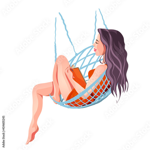 A cute beautiful girl in a red dress lies in a hammock and reads a book. Cute girl in beautiful dress. Isolated vector illustration in cartoon style