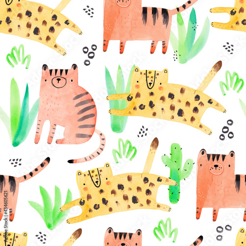 Photography Watercolor hand-drawn seamless repeating color childish pattern with wild cats, plants and leaves in Scandinavian style on a white background