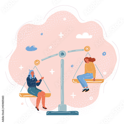 Vector illustration of Discrimination and enequal inequality. Job, envious, jealousy, low self-esteem. Comparing herself to others person on white background.