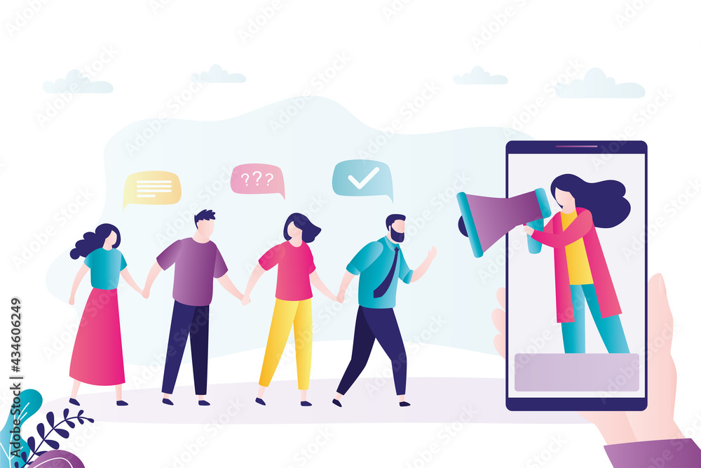 Female character with megaphone invites people. Concept of loyalty program and referral marketing Female character with megaphone invites people. Concept of loyalty program and referral marketing