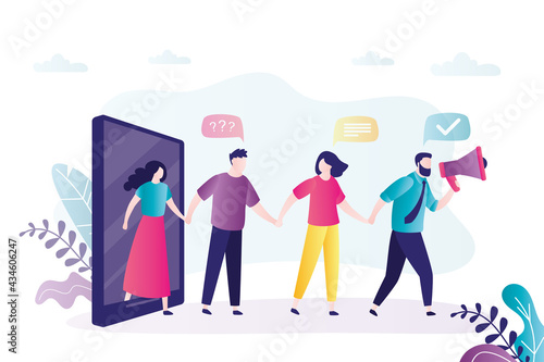 Man with megaphone leads group of people. Bring friend and get bonus. Concept of referral friend and promotion method