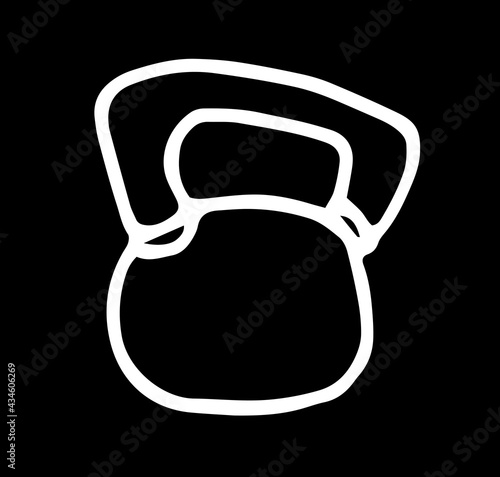 Vector isolated kettlebell. Sports equipment for lifting weights of bodybuilders. A hand-drawn kettlebell in doodle style with a white line on a black background for a design template.