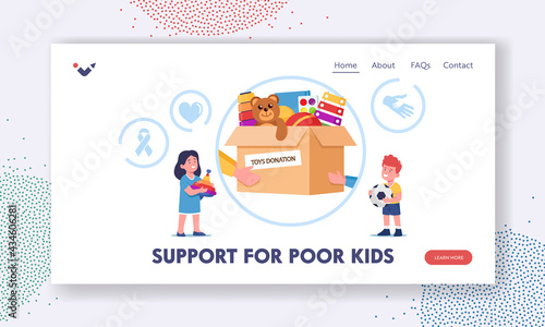 Social Support to Poor Kids Landing Page Template. Children Boy and Girl Characters Taking Toys from Donation Box