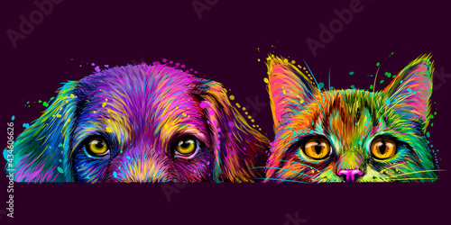Dog and cat. Wall sticker.  Abstract, multicolored, neon portrait of a dog and cat in the style of pop art on a dark violet background. Digital vector graphics. The background is a separate layer.