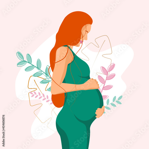 Pregnant woman waiting for baby on pink floral background isolated on white. Vector illustration