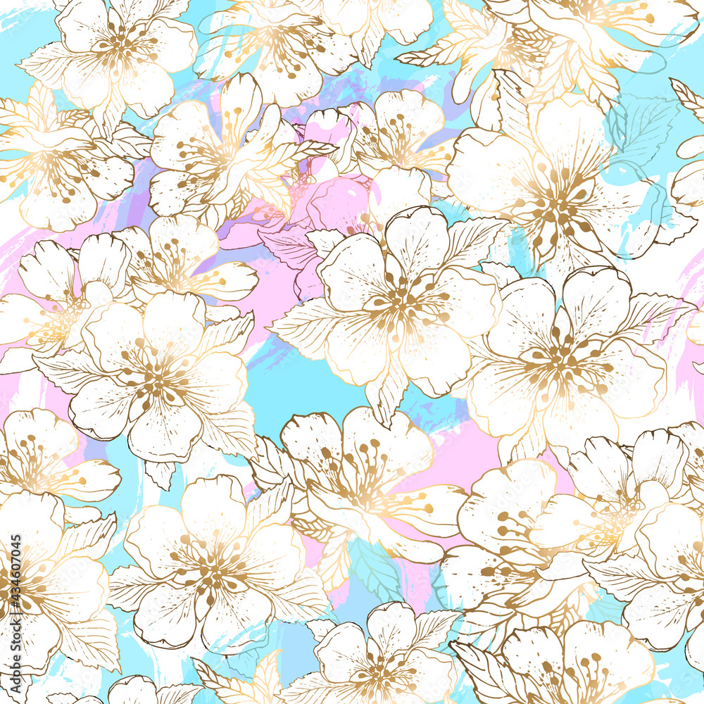 Gold flowers pattern. Seamless pattern with gold flowers on a blue and pink background. Vector graphics.