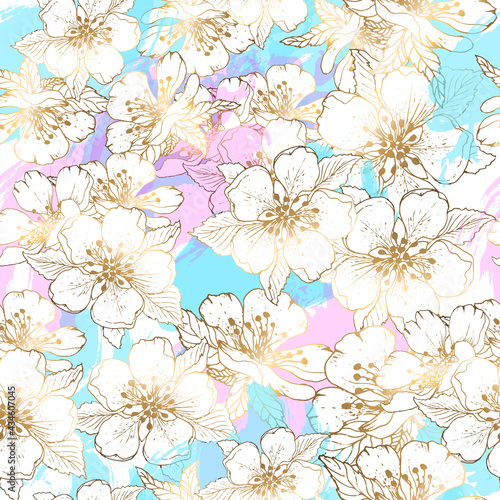 Gold flowers pattern. Seamless pattern with gold flowers on a blue and pink background. Vector graphics.