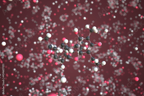 Usnic acid molecule, scientific molecular model, 3d rendering