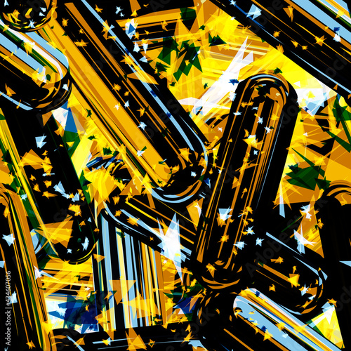 Bright seamless pattern with with glass objects. Orange, yellow, white, black, blue texture. Flame effect. Abstract vector background for web page, banners backdrop, fabric, home decor, wrapping