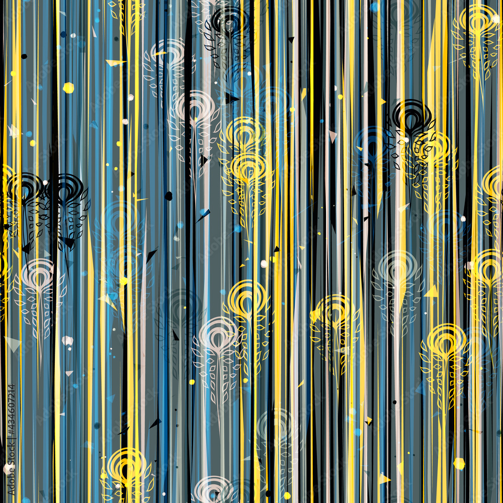 Obraz premium Blue and yellow seamless pattern with vertical lines and decorative elements. Abstract vector background for web page, banners backdrop, fabric, home decor, wrapping