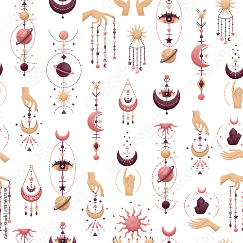 The seamless pattern with mystical astrological vector illustrations. Magic symbols. Zodiac. Astronomy.