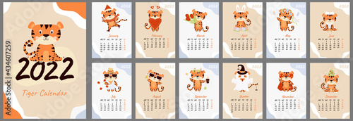calendar template for 2022. vertical set of 12 pages and cover with different a cute tiger In English. Vector illustration. Week starts on Monday. Year of the Tiger in the Chinese or Eastern calendar