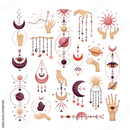The set of mystical astrological vector illustration. Magic symbols. Zodiac. Astronomy.