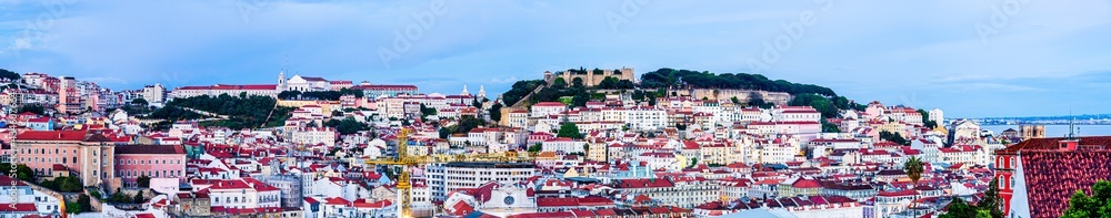 Evening panoramic skyline of the old town of Lisbon, Portugal