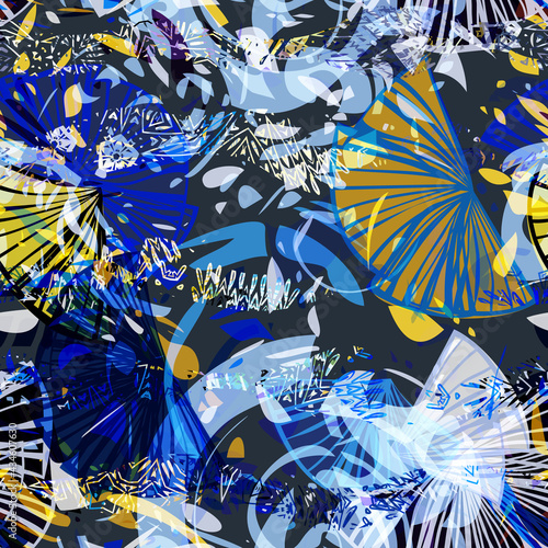 Blue and yellow seamless pattern with floral elements. Abstract vector background for web page, banners backdrop, fabric, home decor, wrapping