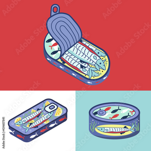 Canned fish.  Flat illustration of 3 tuna fish can vector icons for web.
