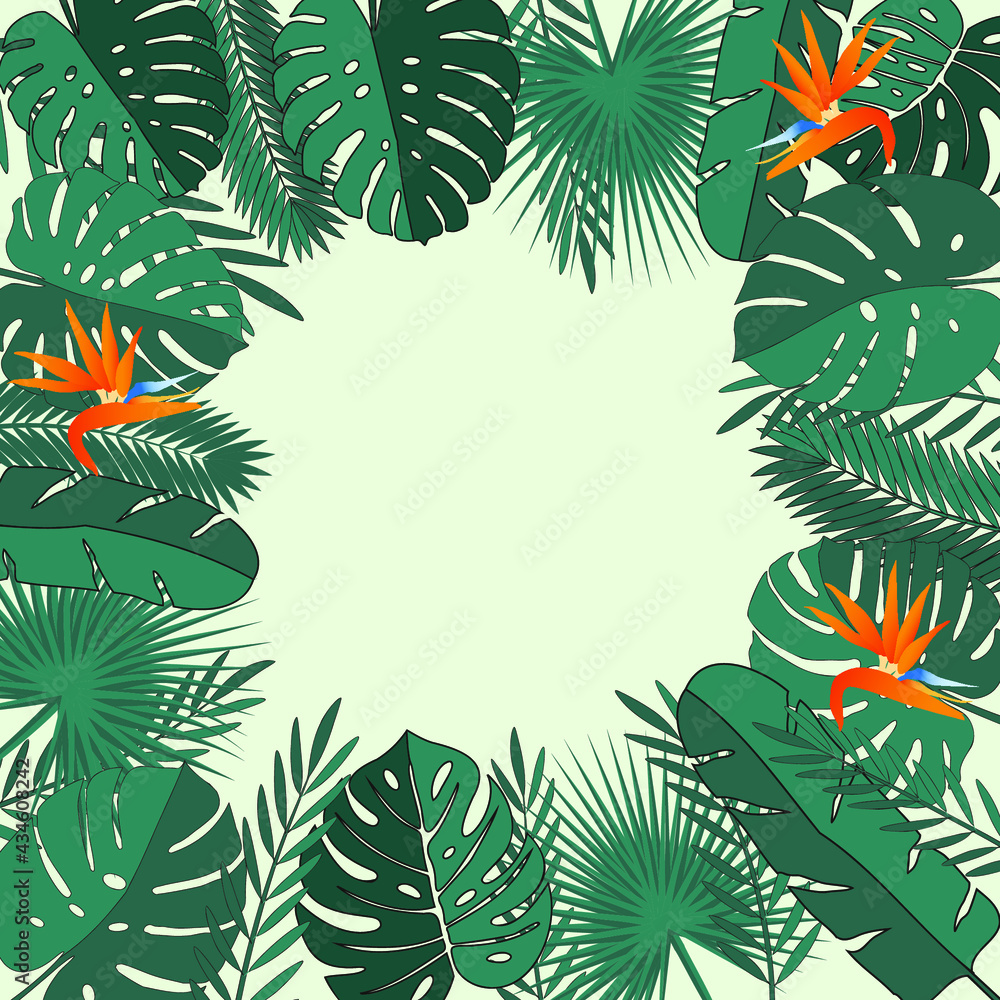 Naklejka premium Card template with tropical exotic monstera and palm leaves.