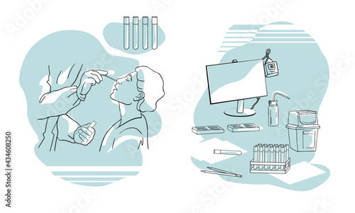 PCR test concept. Health Professional introducing nasal swab to female patient. Rapid Antigen Test to analyze nasal sampling for Covid-19, Coronavirus Pandemic. Laboratory equipment set. line drawing 