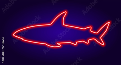 neon shark sign in red on dark blue background. isolated glow-in-the-dark neon tube in red color in the shape of a carnivorous sea fish SHARK on a dark blue background for the design template