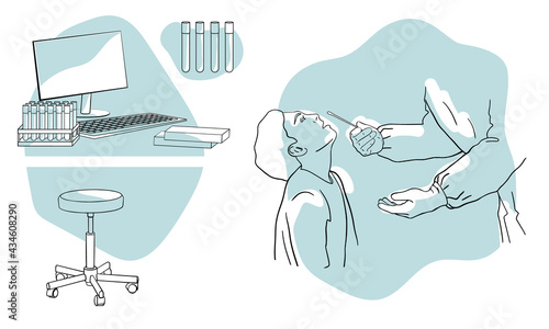 PCR test concept. Health Professional introducing nasal swab to child patient. Rapid Antigen Test to analyze nasal sampling for Covid-19, Coronavirus Pandemic. Laboratory equipment set. line drawing 
