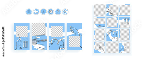 PCR test nasal sampling for Covid-19, Coronavirus concept editable templates set for stories, posts, Highlights.Design for social networks. Story mockup with copy space. line drawing vector