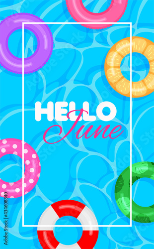 Swimming pool summer background with colorful lifebuoys. Hello june concept. Pool party template banner. Float rings. Vector illustration in trendy flat style.	