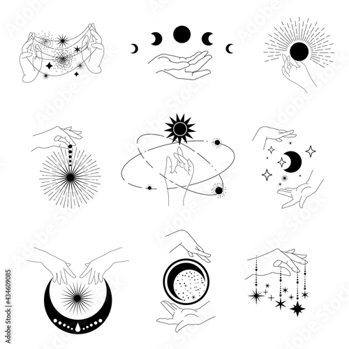A set of hands with magic symbols. Esoteric images of the moon, stars, sun, and constellations.