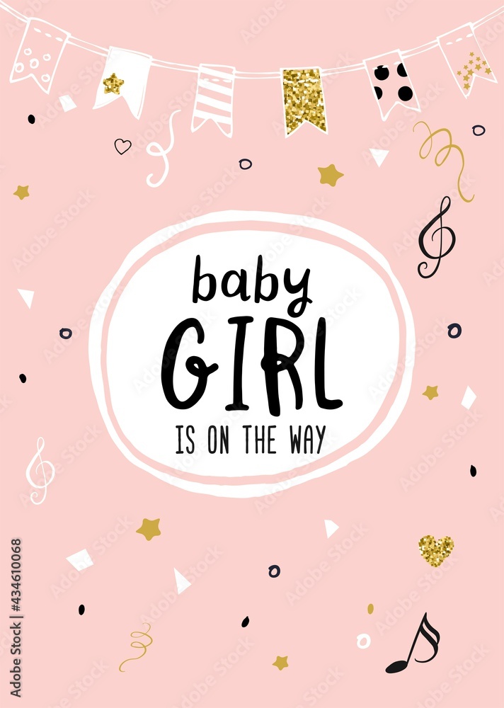 Baby girl is on the way announcement vector card.