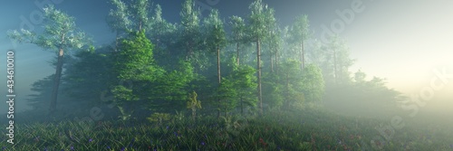 The edge of the forest in the morning in the sun, the forest in the fog, the trees in the rays in the morning in the haze, 3D rendering