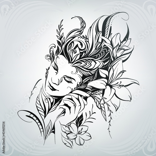 Girl with flowers in floral ornament