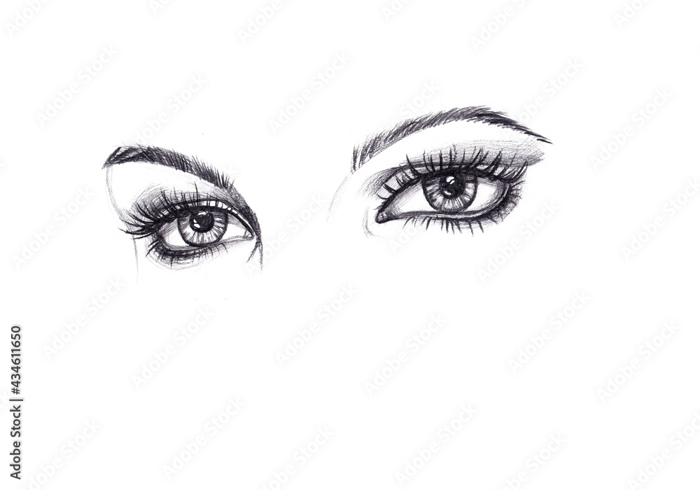 Fototapeta premium An illustration with cute, lovely, charming and seductive eyes isolated on a white background. Pencil and paper. Print. Banner. Postcard. Wallpaper. Picture. A graphic resource. Texture.
