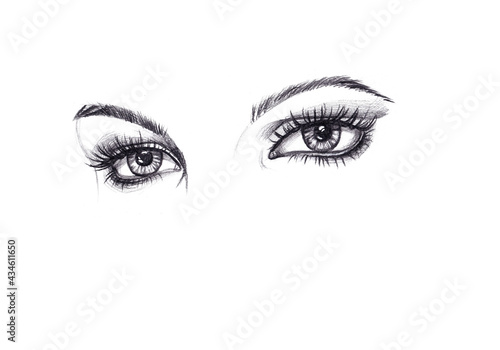 An illustration with cute, lovely, charming and seductive eyes isolated on a white background. Pencil and paper. Print. Banner. Postcard. Wallpaper. Picture. A graphic resource. Texture.