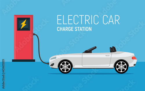 Car electric charge station vector vehicle. Eco charging hybrid electric concept illustration