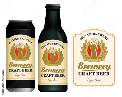 A craft beer label, decorated with ears of wheat or barley and an overflowing glass of frothy beer on a light background. Vector sample of label on beer can and beer bottle